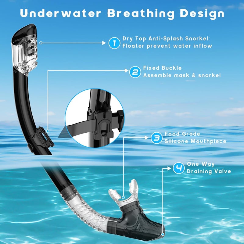 wutrye Snorkeling Gear for Adults, Dry Top Snorkel Mask Set, Diving Scuba Mask, Swimming Goggles with Nose Cover, HD Tempered Glass Panoramic Swim Freediving Anti-Leak Anti-Fog Travel Packages - Image 5